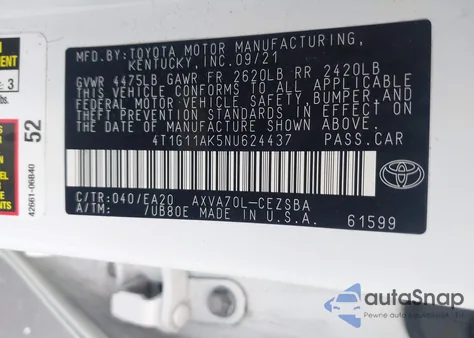 2022 Toyota Camry Se from USA, damaged, VIN 4T1G11AK5NU624437